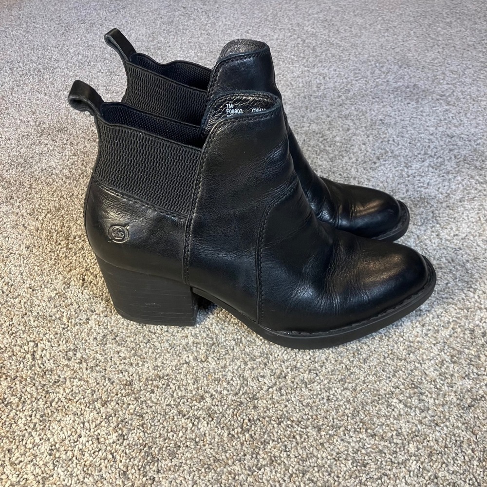Born Black Leather Garcia Chelsea Ankle Boots Block Heel Womens 7M Boho Festival